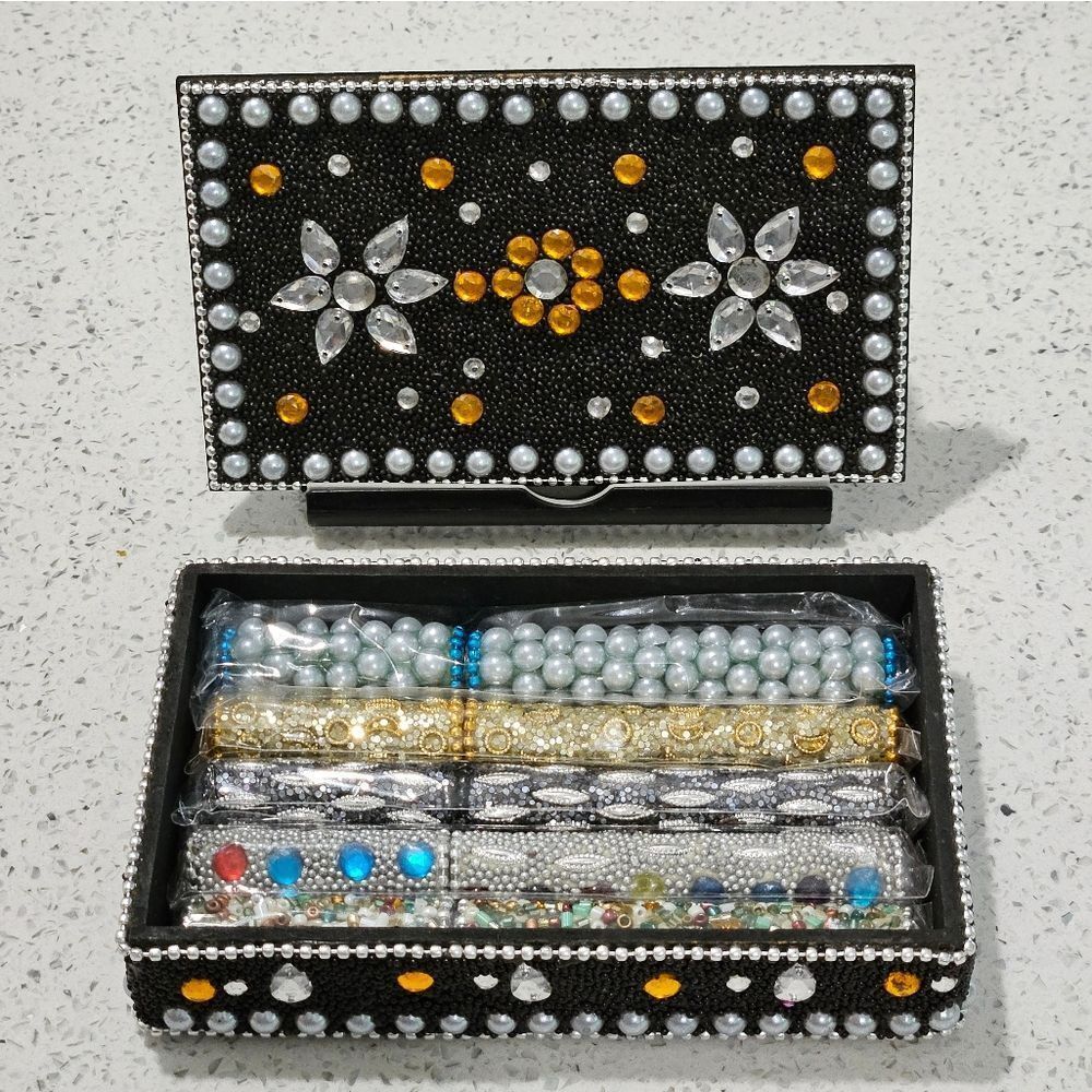 Beautiful, Hand Beaded Box with 5 Beaded Pens Inside. NIB